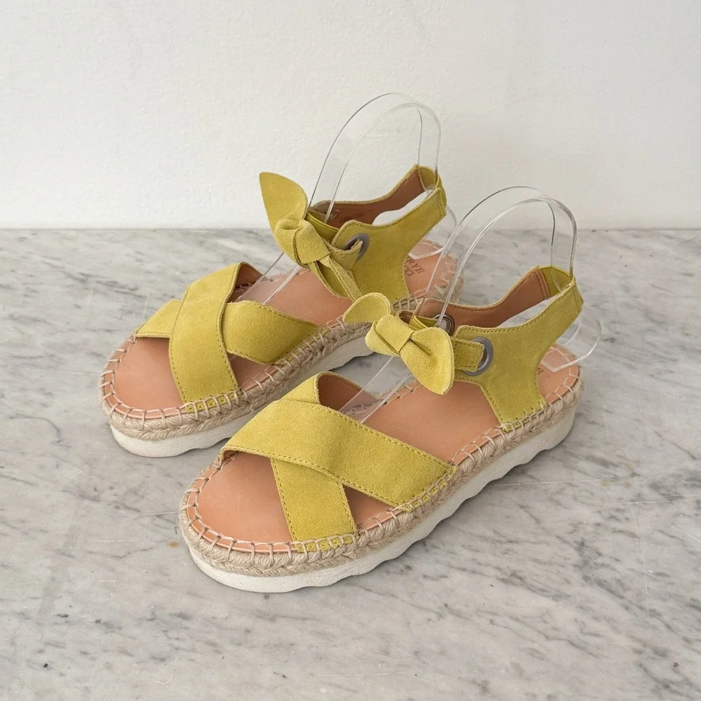Frye and Co Espadrille Sandals Suede Bow Platform Yellow Crisscross Straps 7.5